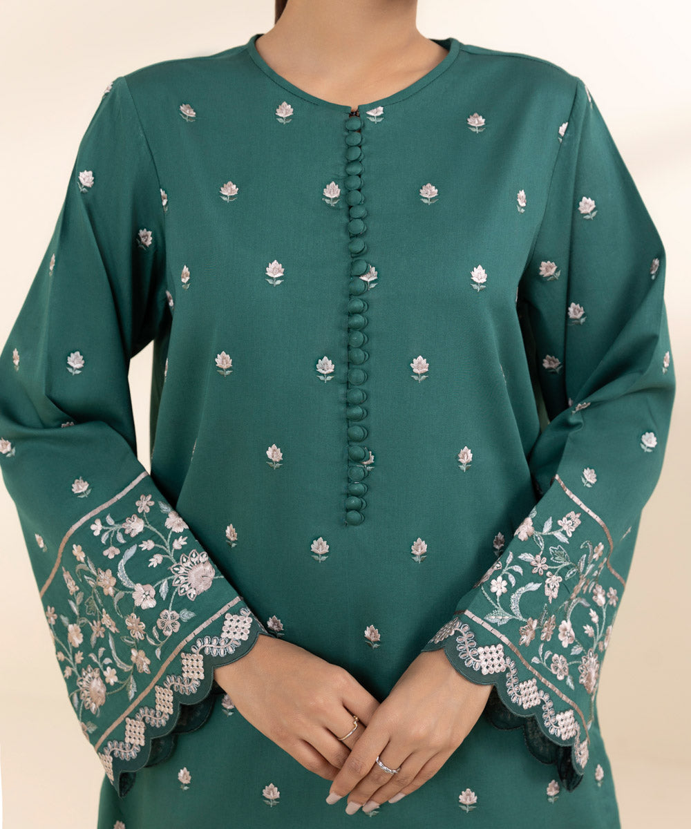 Women's Unstitched Fine Cotton Satin Green Embroidered 3 Piece Suit