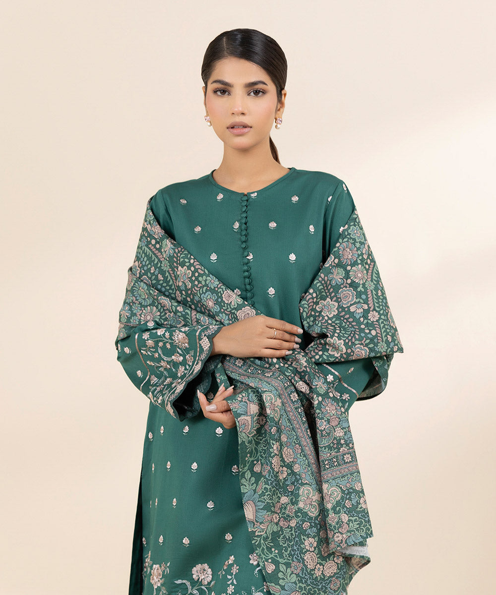 Women's Unstitched Fine Cotton Satin Green Embroidered 3 Piece Suit