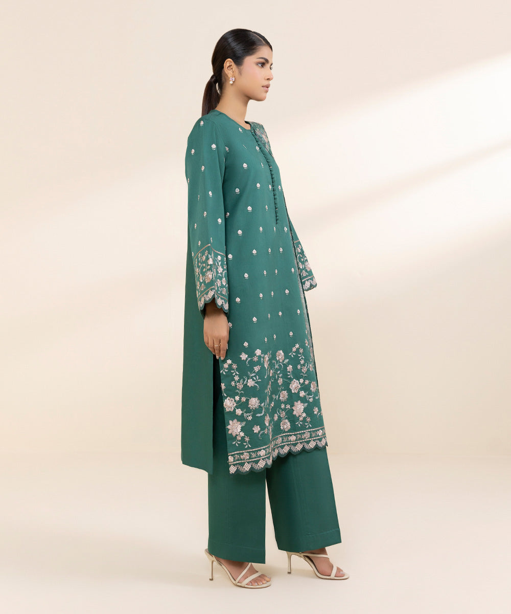 Women's Unstitched Fine Cotton Satin Green Embroidered 3 Piece Suit