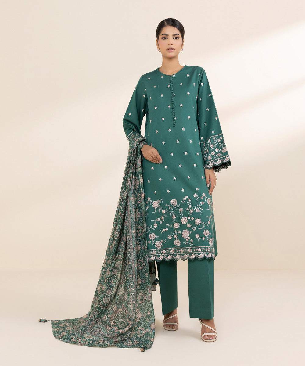 Women's Unstitched Fine Cotton Satin Green Embroidered 3 Piece Suit