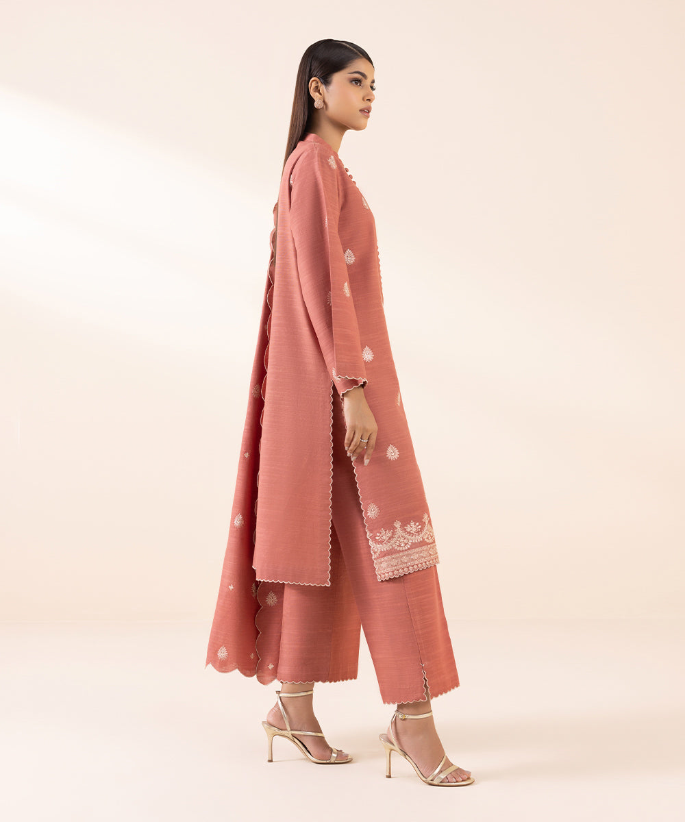 Women's Unstitched Khaddar Pink Embroidered 3 Piece Suit