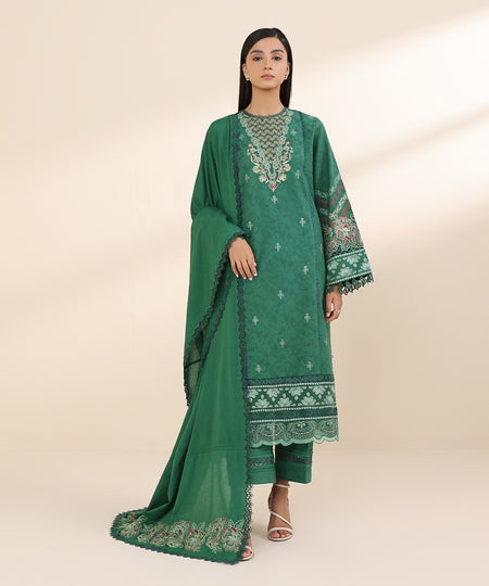 Women's Unstitched Cotton Jacquard Green Embroidered 3 Piece Suit