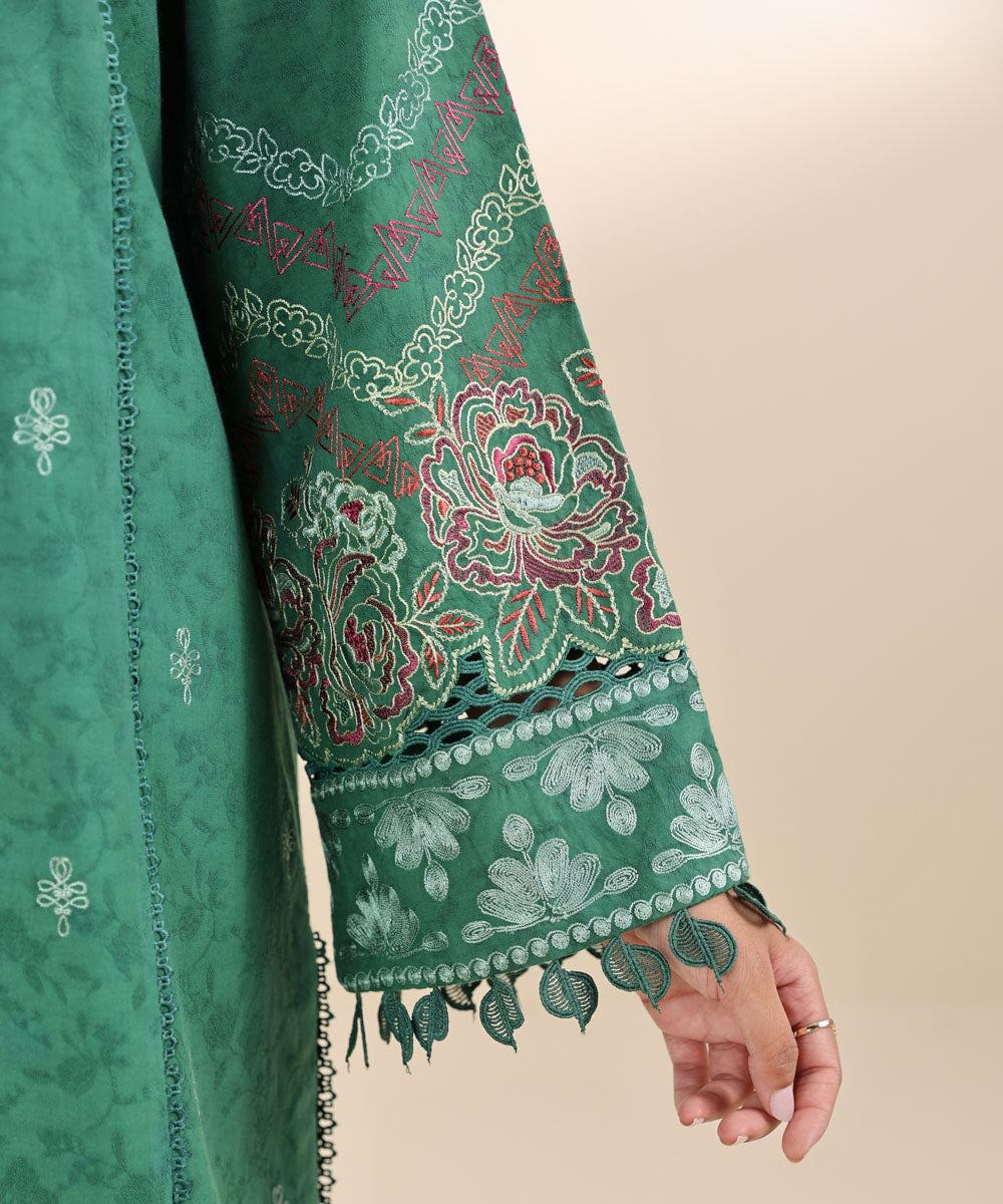 Women's Unstitched Cotton Jacquard Green Embroidered 3 Piece Suit