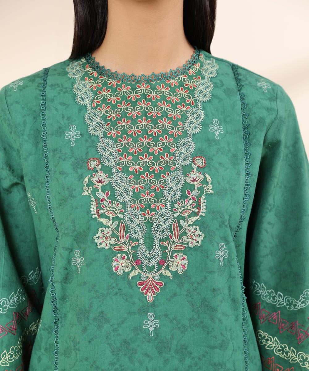 Women's Unstitched Cotton Jacquard Green Embroidered 3 Piece Suit