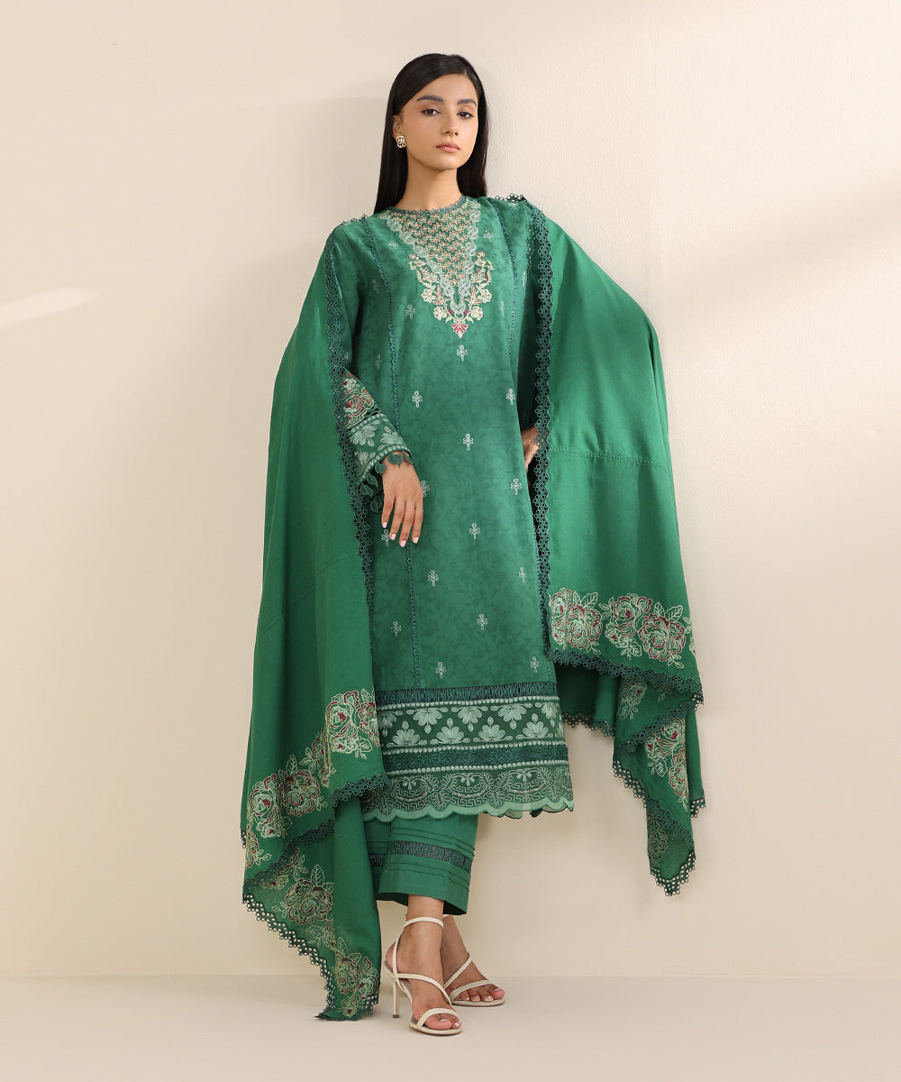 Women's Unstitched Cotton Jacquard Green Embroidered 3 Piece Suit