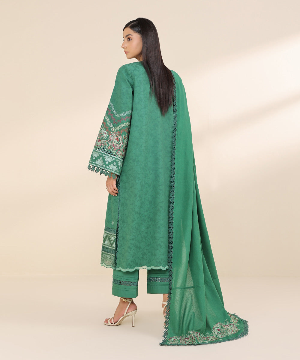 Women's Unstitched Cotton Jacquard Green Embroidered 3 Piece Suit