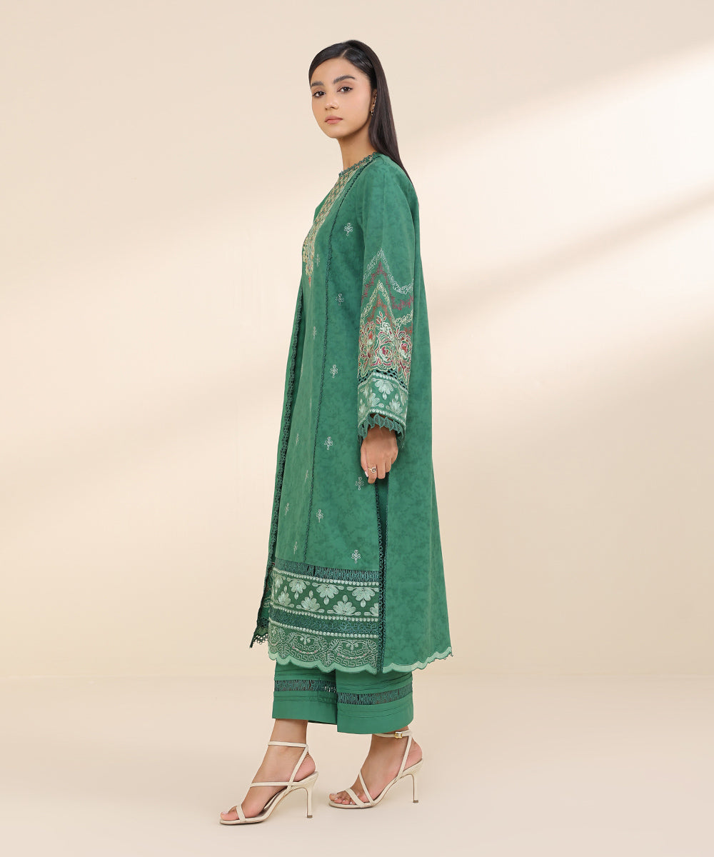 Women's Unstitched Cotton Jacquard Green Embroidered 3 Piece Suit