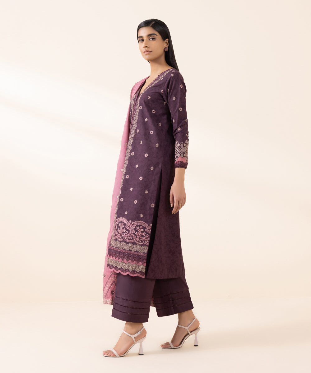 Women's Unstitched Cotton Jacquard Purple Embroidered 3 Piece Suit