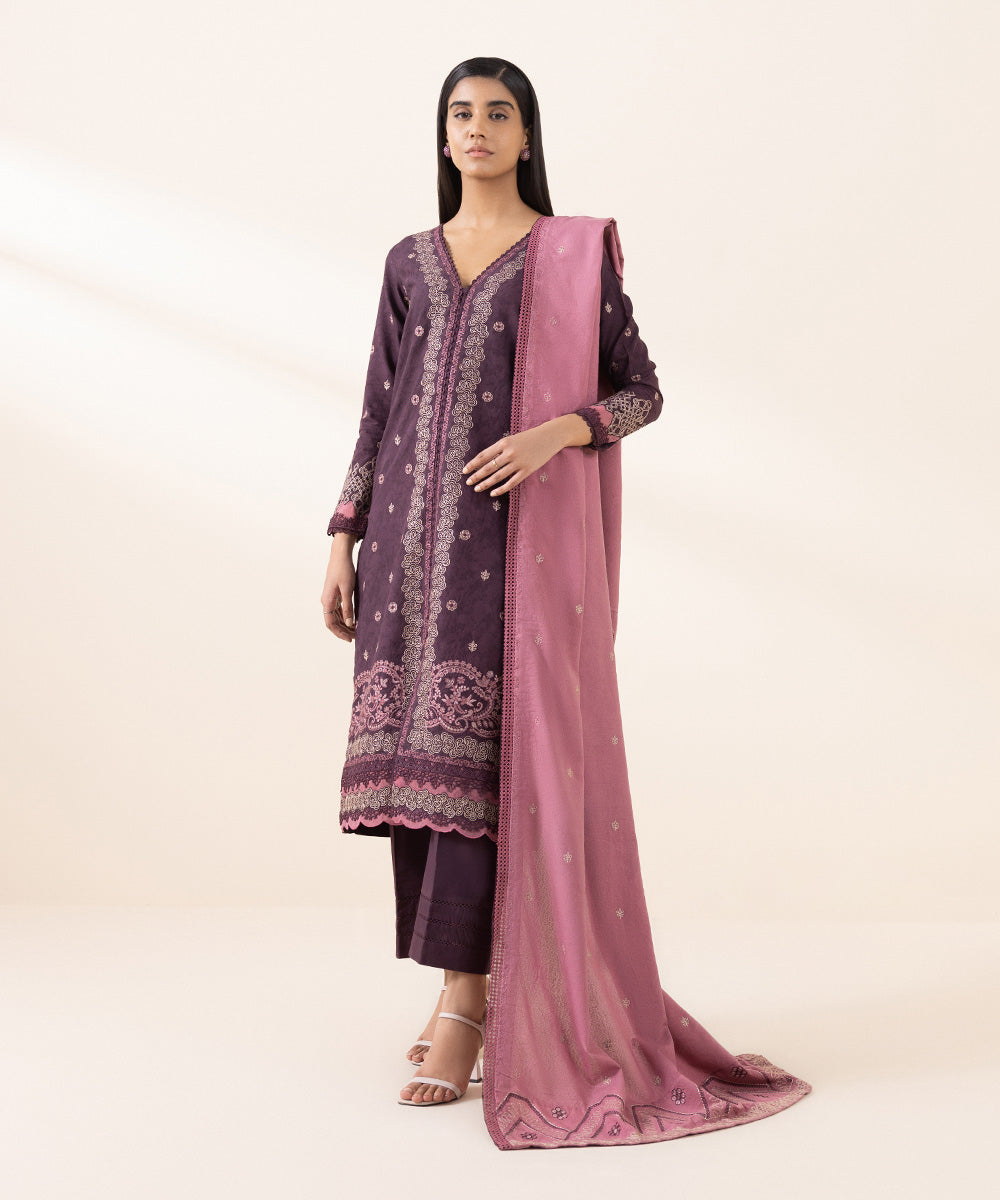 Women's Unstitched Cotton Jacquard Purple Embroidered 3 Piece Suit