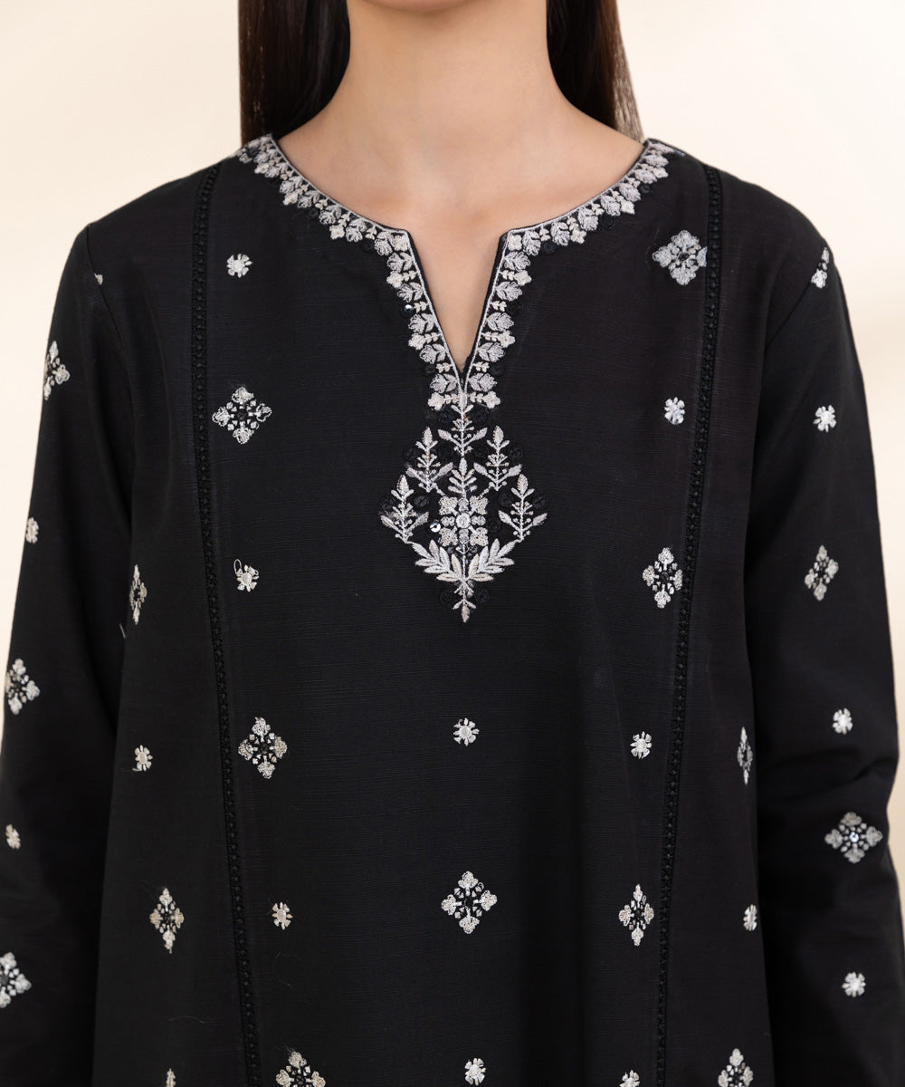 Women's Unstitched Khaddar Black Embroidered 3 Piece Suit