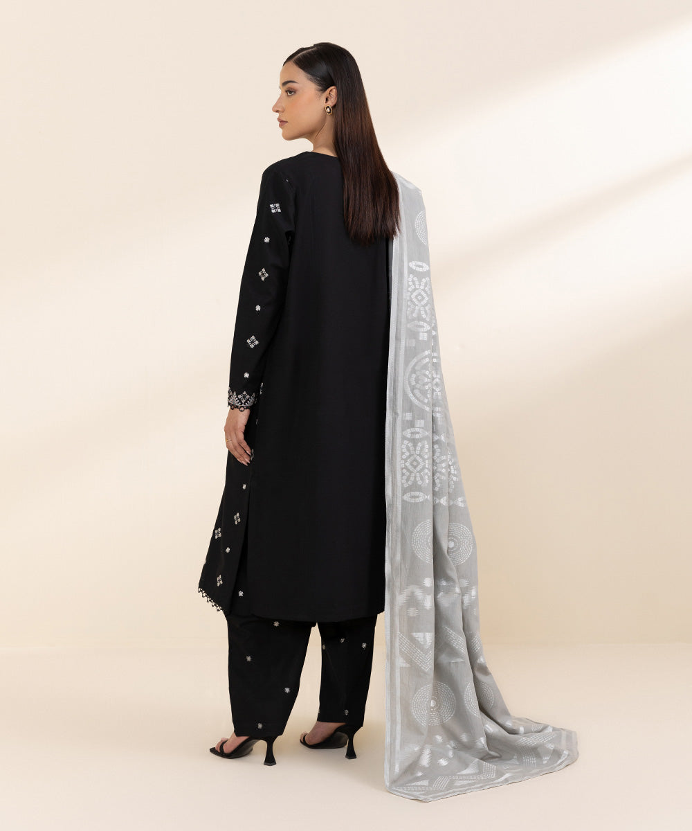 Women's Unstitched Khaddar Black Embroidered 3 Piece Suit