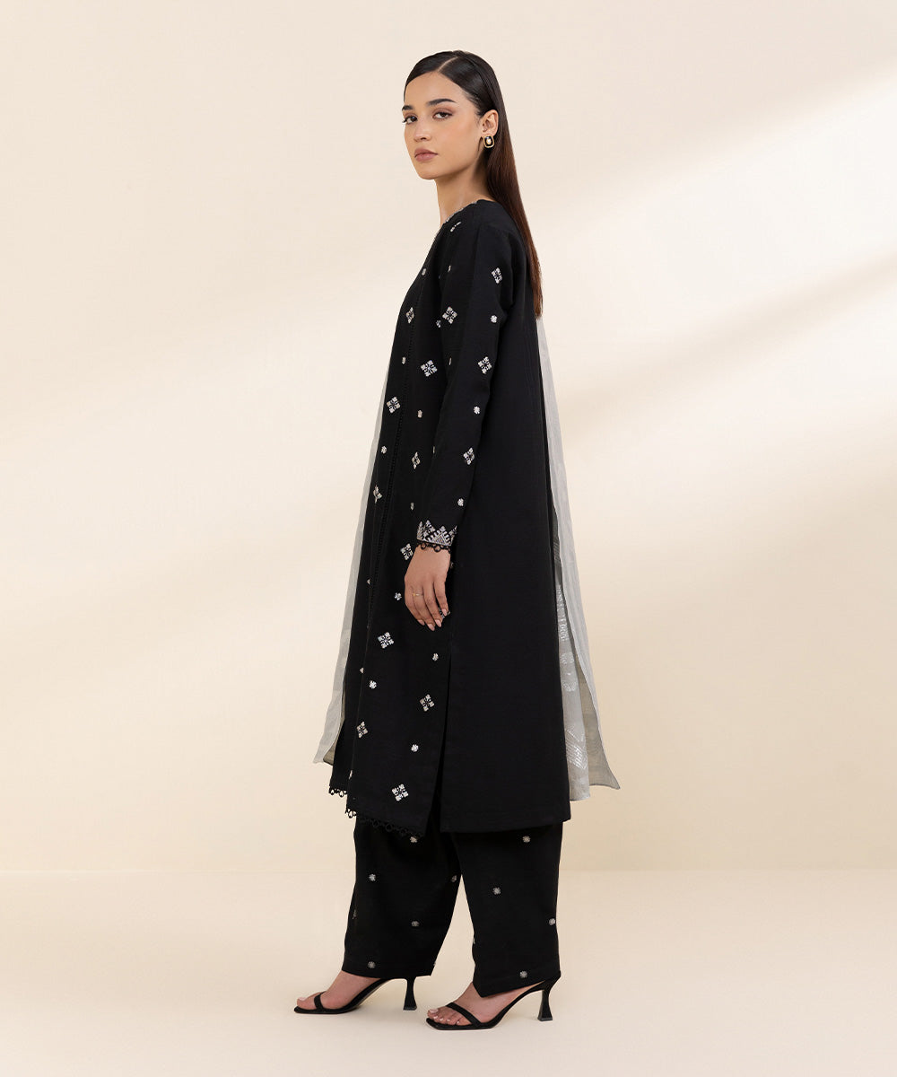 Women's Unstitched Khaddar Black Embroidered 3 Piece Suit