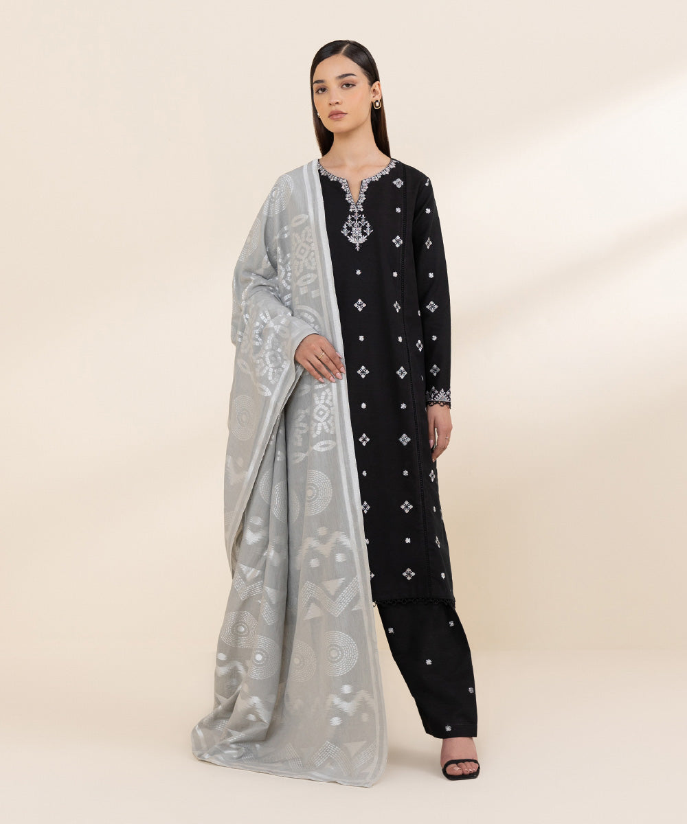 Women's Unstitched Khaddar Black Embroidered 3 Piece Suit