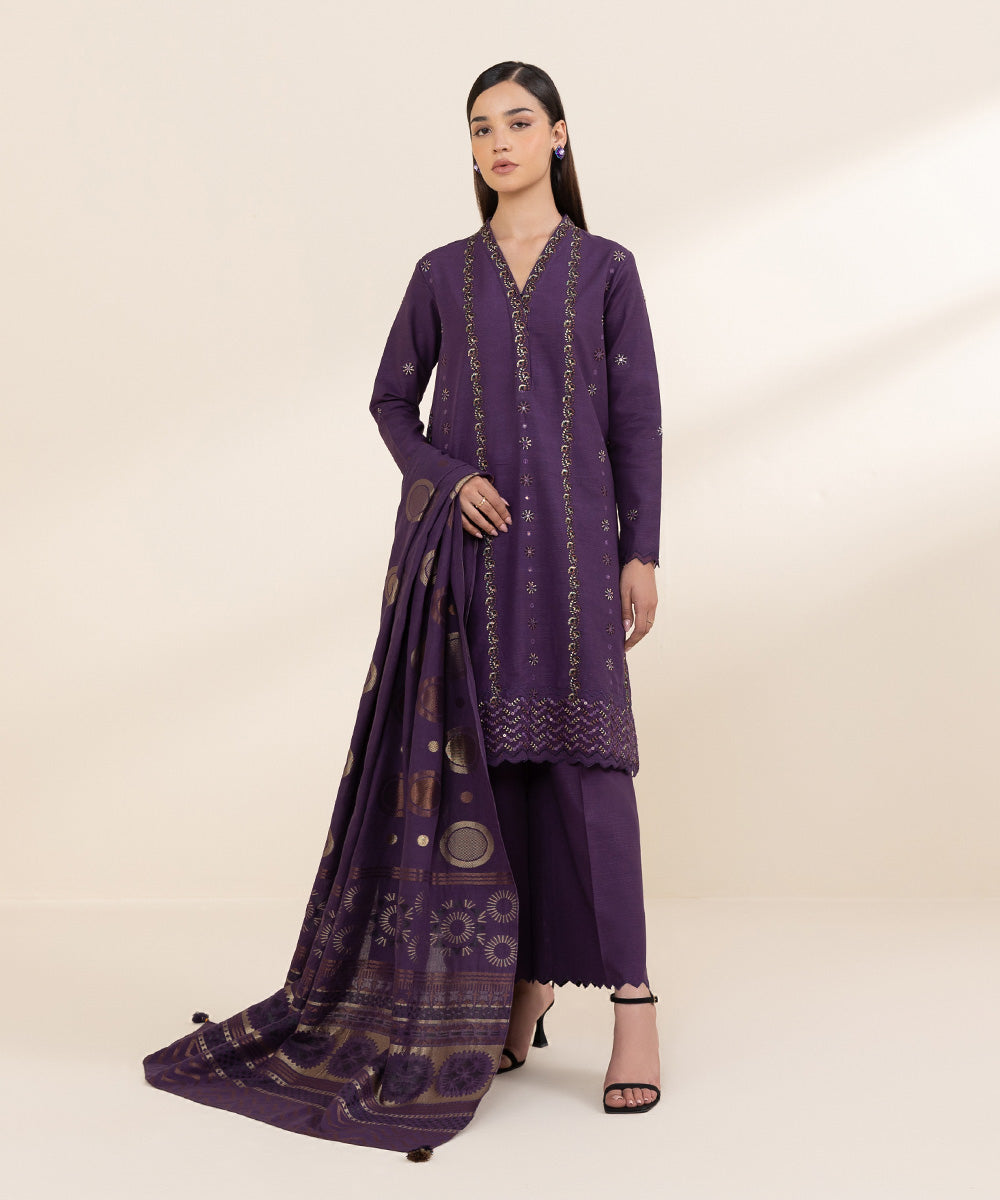 Women's Unstitched Khaddar Purple Embroidered 3 Piece Suit