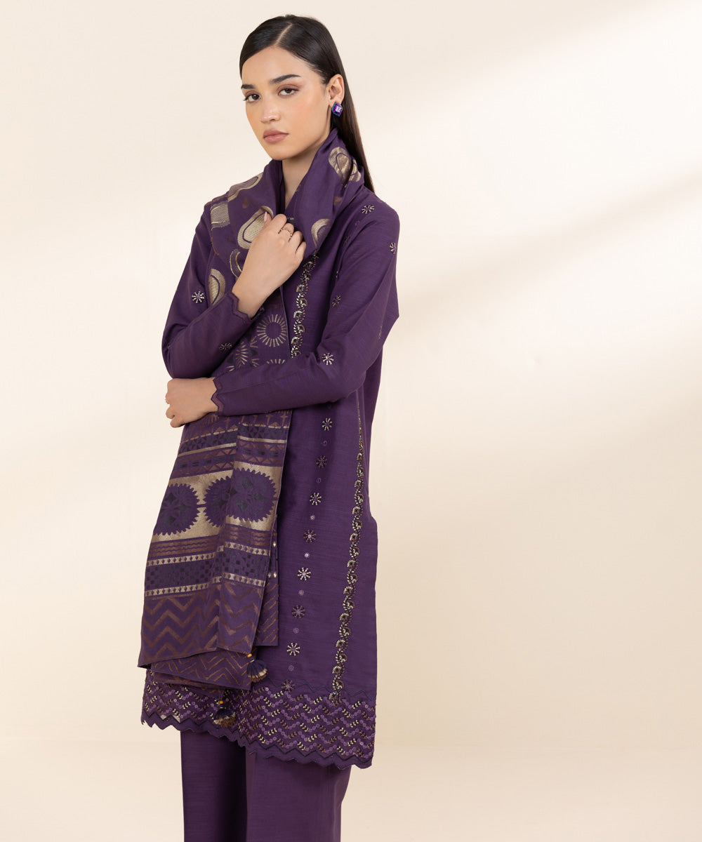 Women's Unstitched Khaddar Purple Embroidered 3 Piece Suit