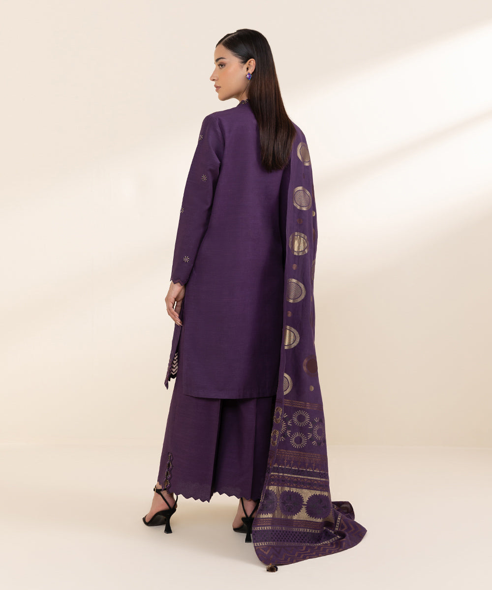 Women's Unstitched Khaddar Purple Embroidered 3 Piece Suit