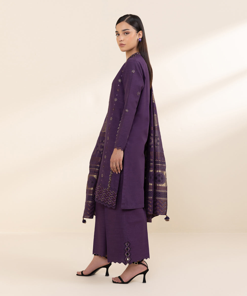 Women's Unstitched Khaddar Purple Embroidered 3 Piece Suit