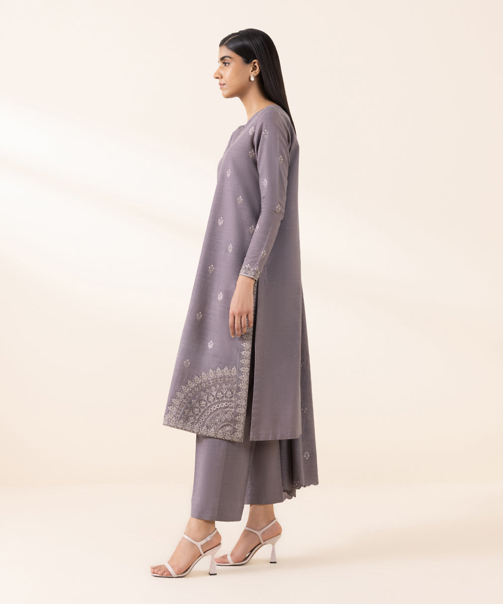 Women's Unstitched Light Khaddar Purple Embroidered 3 Piece Suit