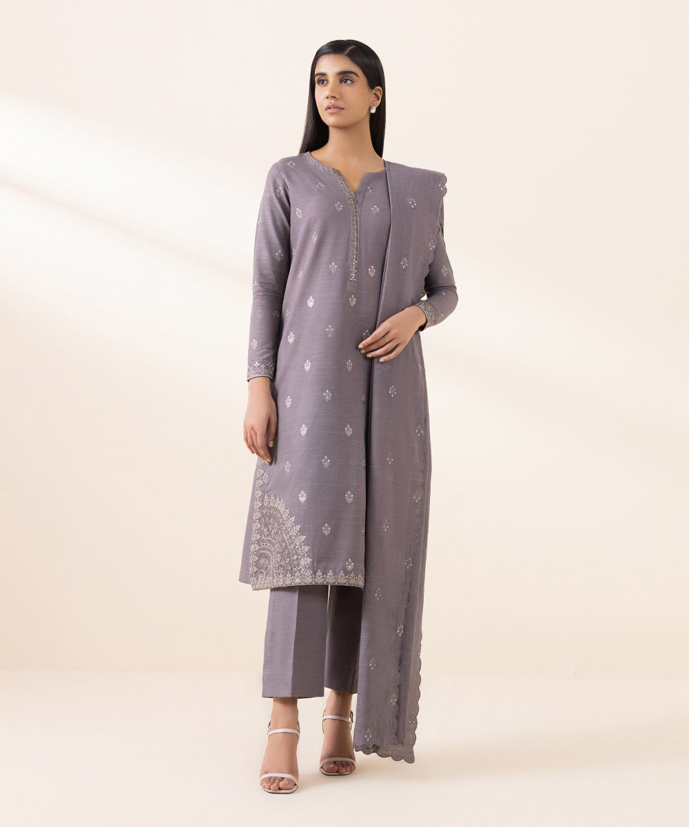 Women's Unstitched Light Khaddar Purple Embroidered 3 Piece Suit