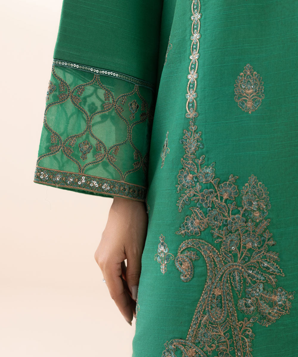 Women's Unstitched Light Khaddar Green Embroidered 3 Piece Suit