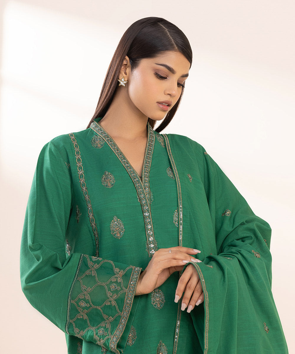 Women's Unstitched Light Khaddar Green Embroidered 3 Piece Suit