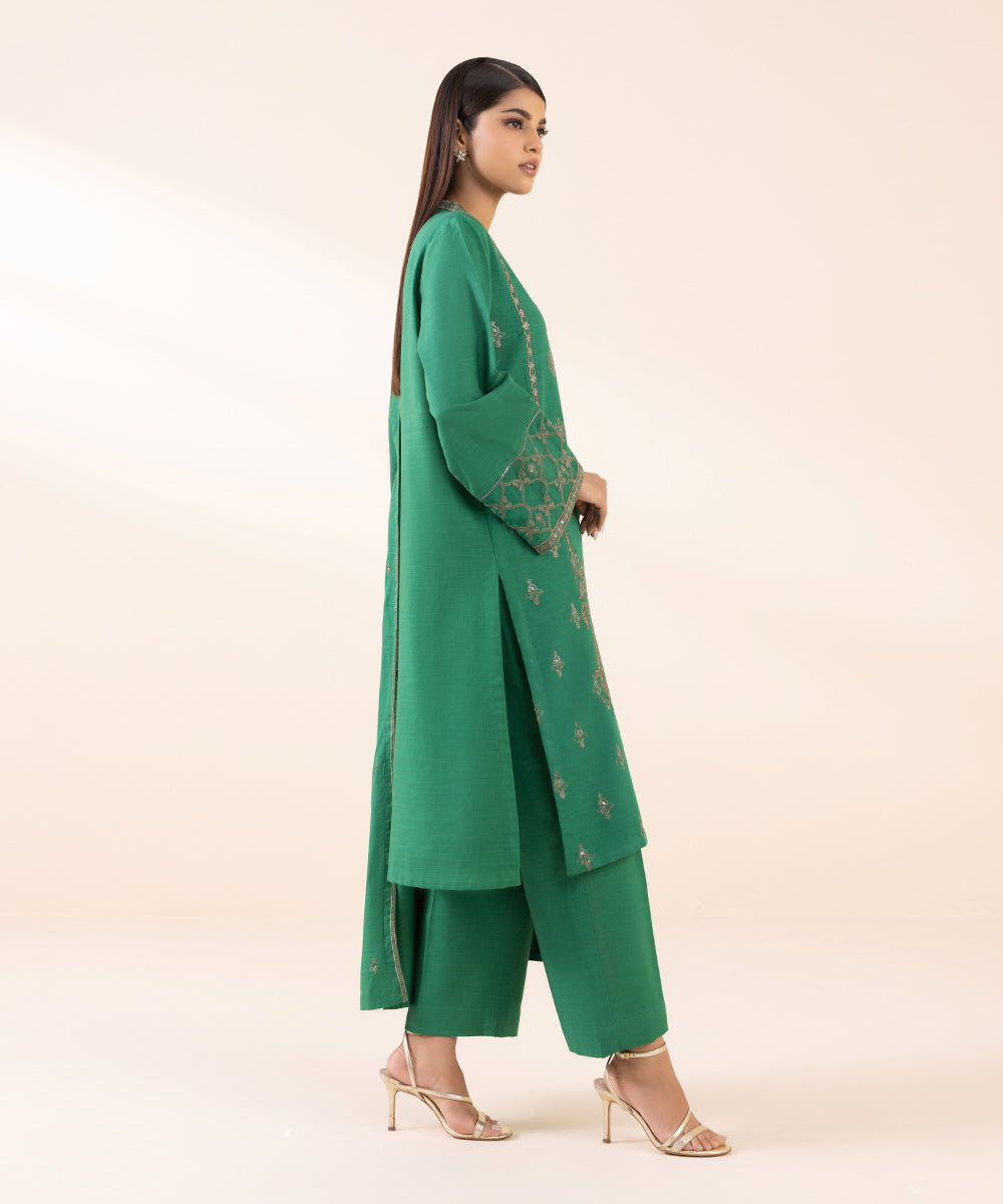 Women's Unstitched Light Khaddar Green Embroidered 3 Piece Suit