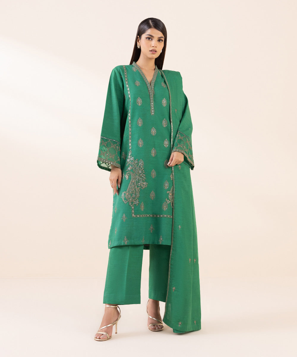 Women's Unstitched Light Khaddar Green Embroidered 3 Piece Suit