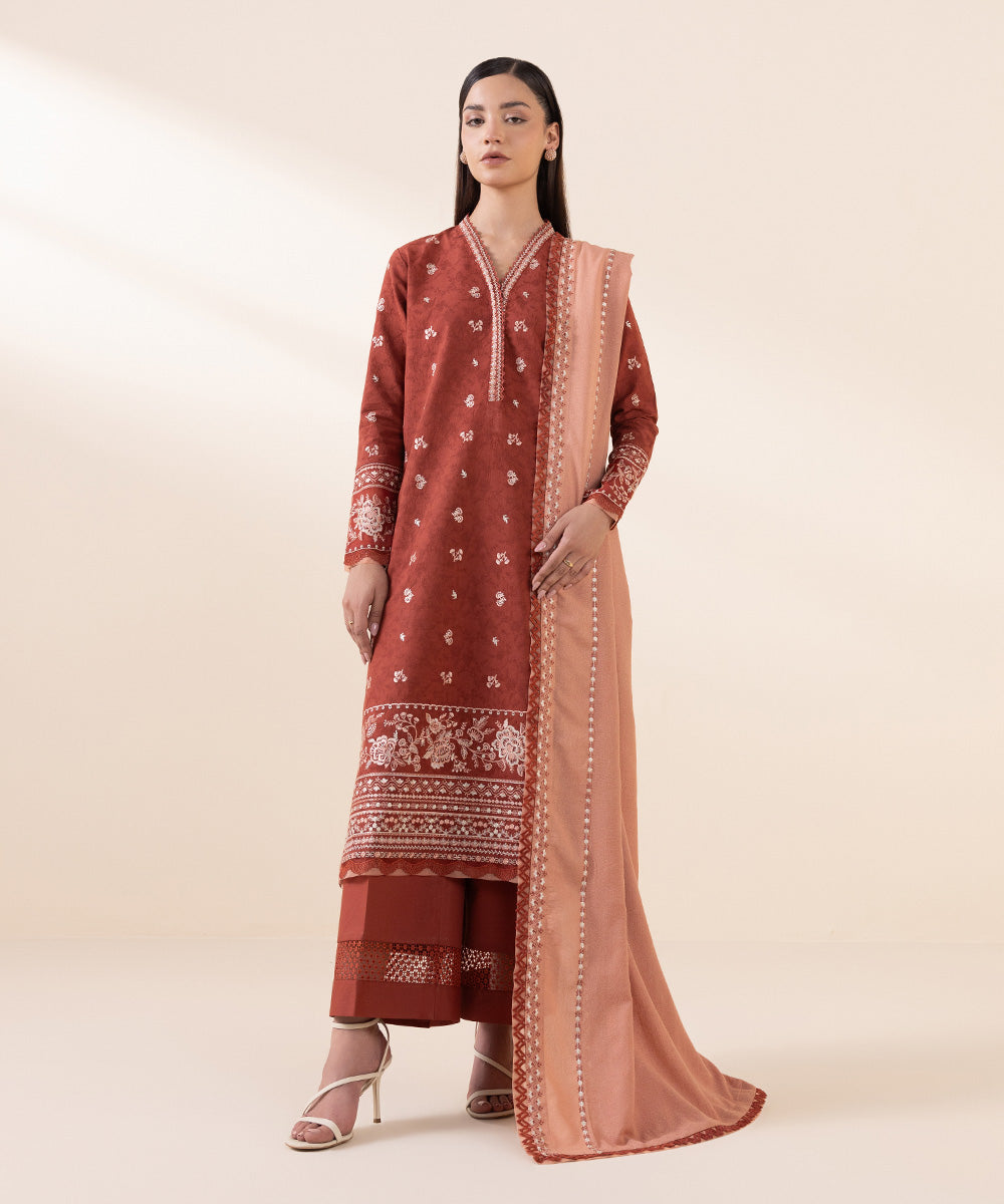 Women's Unstitched Cotton Jacquard Orange Embroidered 3 Piece Suit