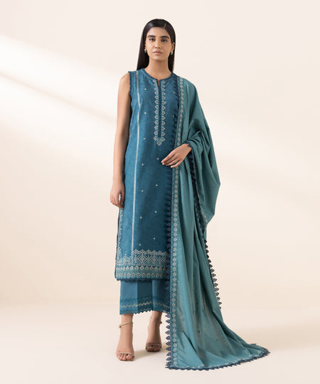 Women's Unstitched Cotton Jacquard Blue Embroidered 3 Piece Suit