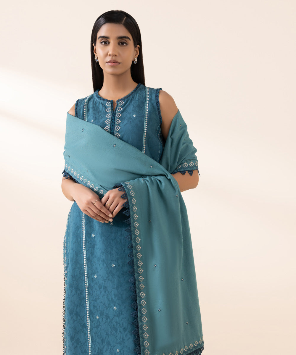 Women's Unstitched Cotton Jacquard Blue Embroidered 3 Piece Suit