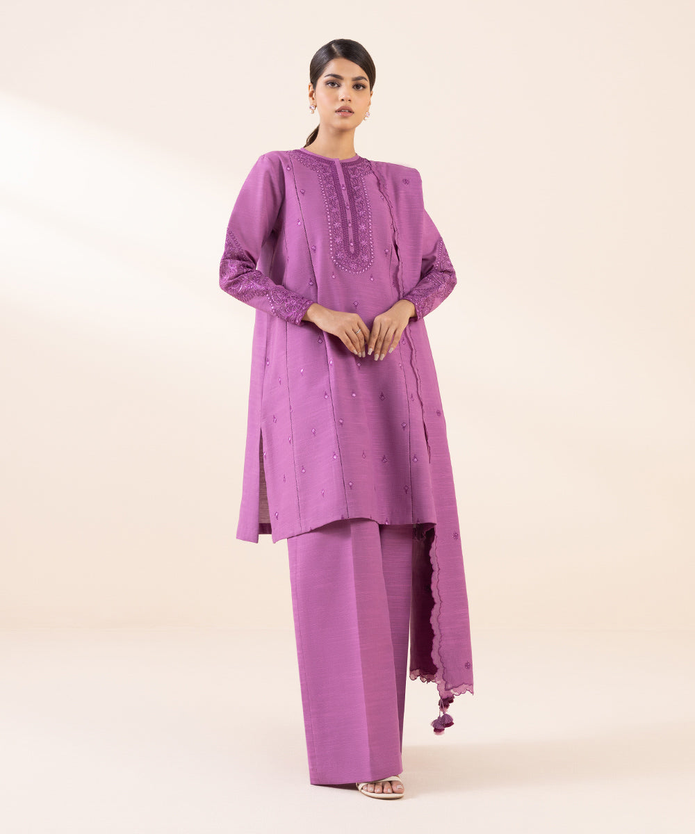 Women's Unstitched Khaddar Purple Embroidered 3 Piece Suit