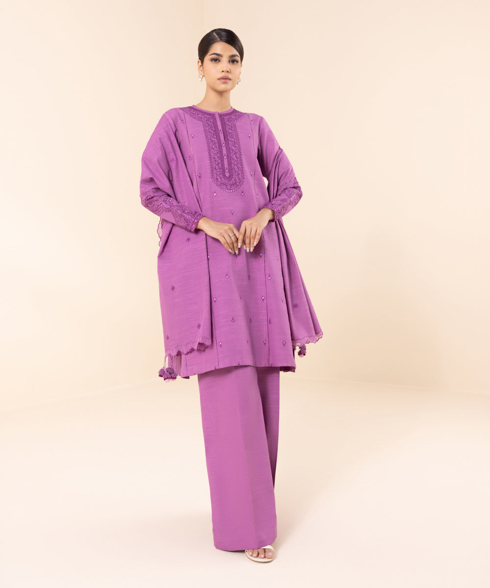 Women's Unstitched Khaddar Purple Embroidered 3 Piece Suit