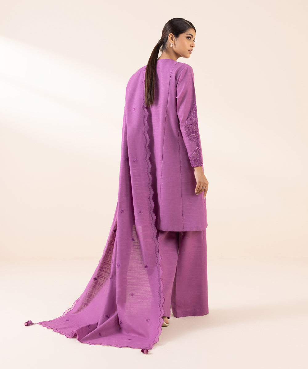 Women's Unstitched Khaddar Purple Embroidered 3 Piece Suit