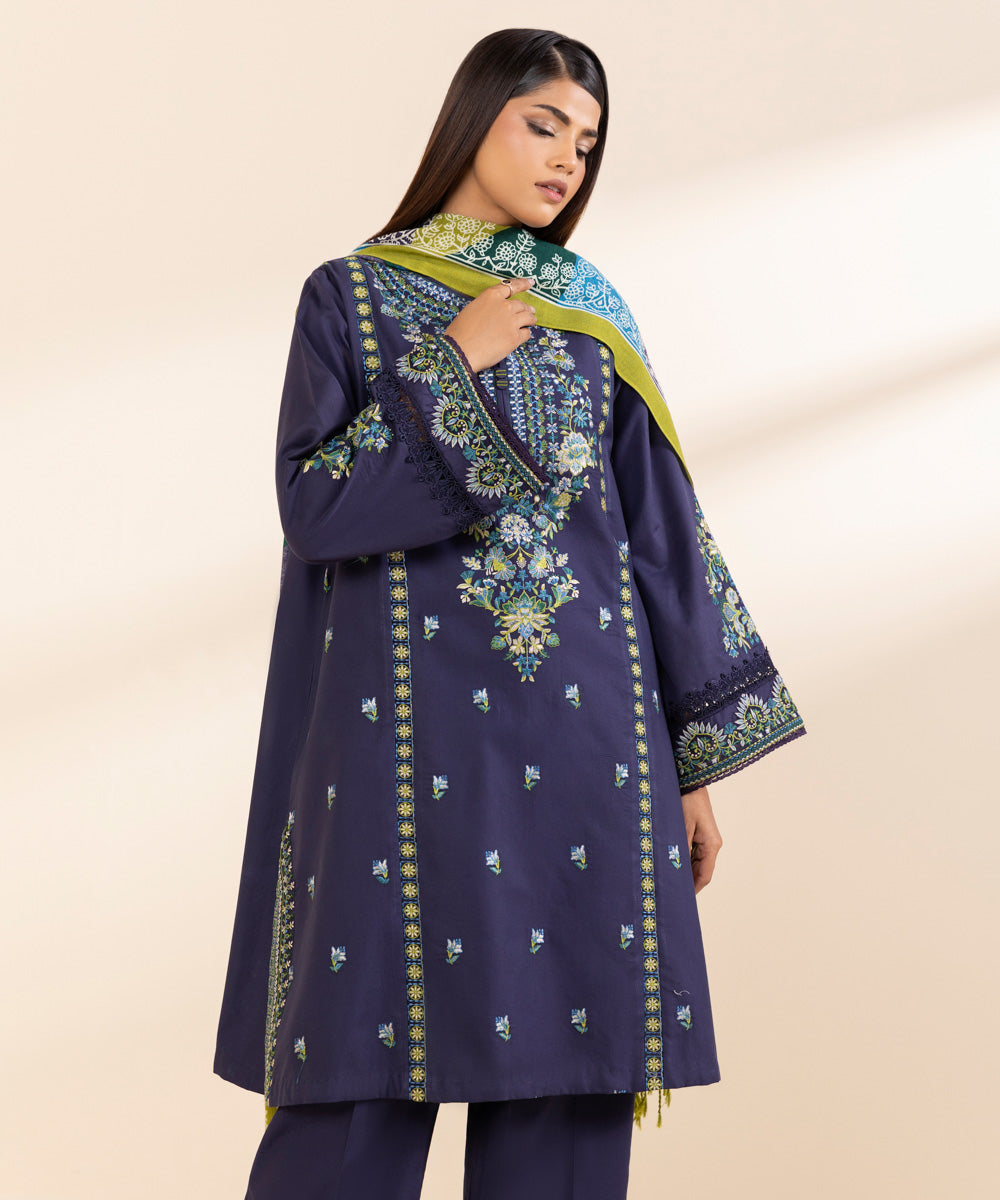 Women's Unstitched Twill Embroidered Blue 3 Piece Suit