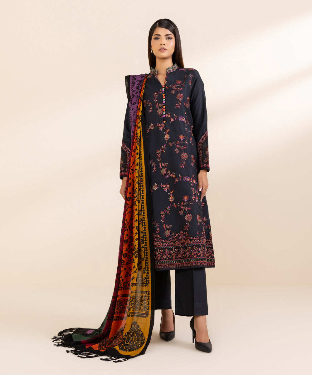 Women's Unstitched Twill Embroidered Multi 3 Piece Suit