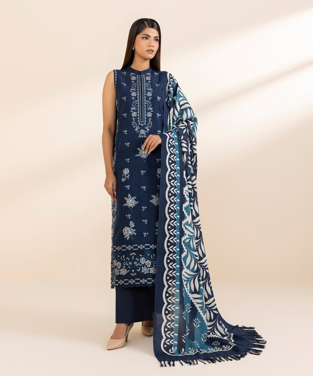 Women's Unstitched Cotton Jacquard Embroidered Blue 3 Piece Suit