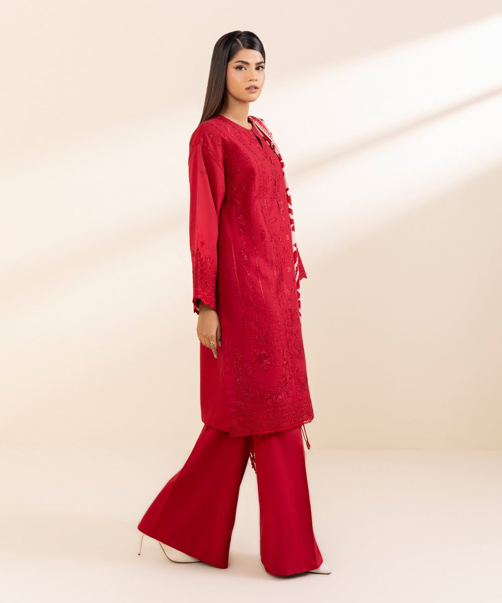 Women's Unstitched Twill Embroidered Red 3 Piece Suit