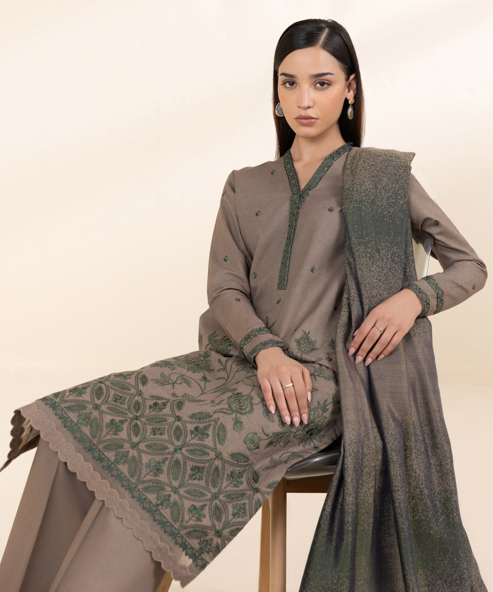 Women's Unstitched Multi Neps Grey Embroidered 3 Piece Suit