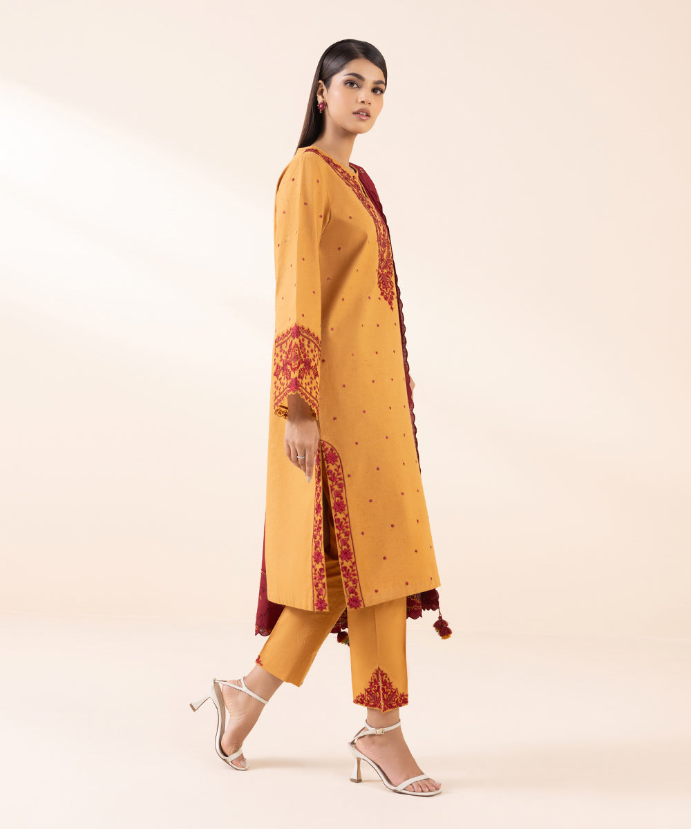 Women's Unstitched Multi Neps Orange Embroidered 3 Piece Suit