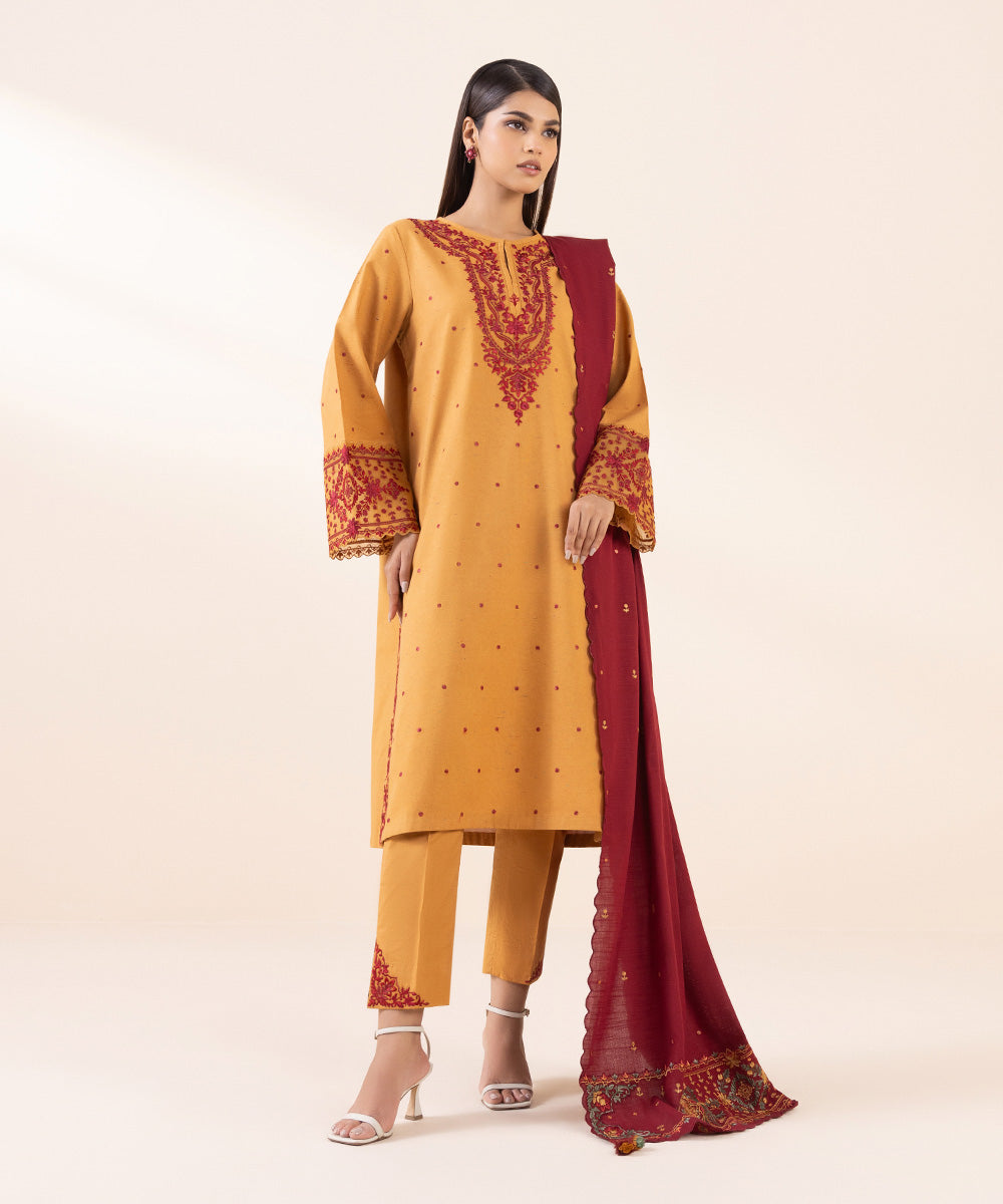 Women's Unstitched Multi Neps Orange Embroidered 3 Piece Suit