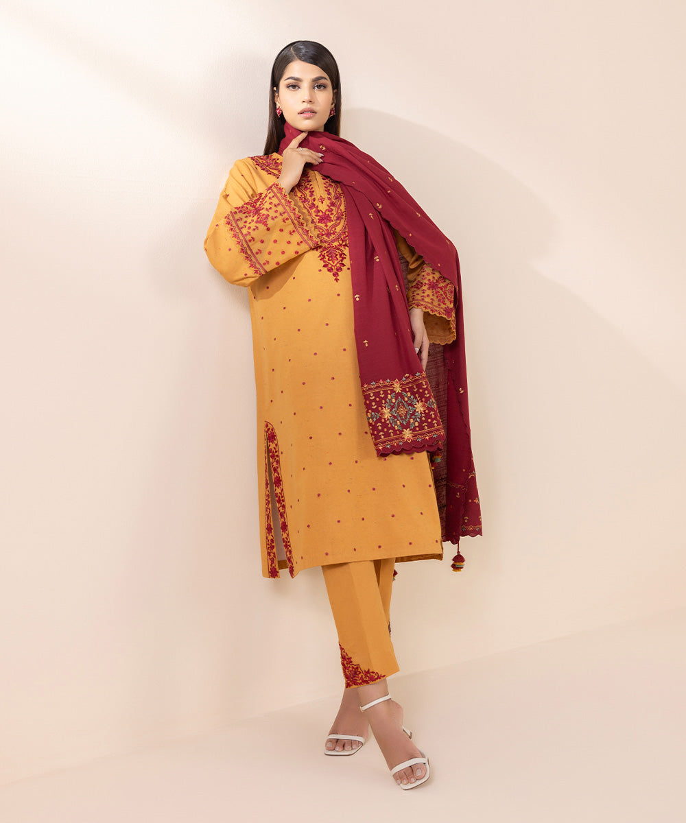 Women's Unstitched Multi Neps Orange Embroidered 3 Piece Suit