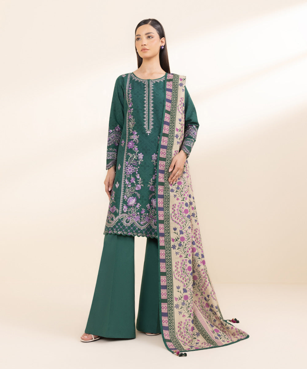 Women's Unstitched Cotton Jacquard Green Embroidered 3 Piece Suit