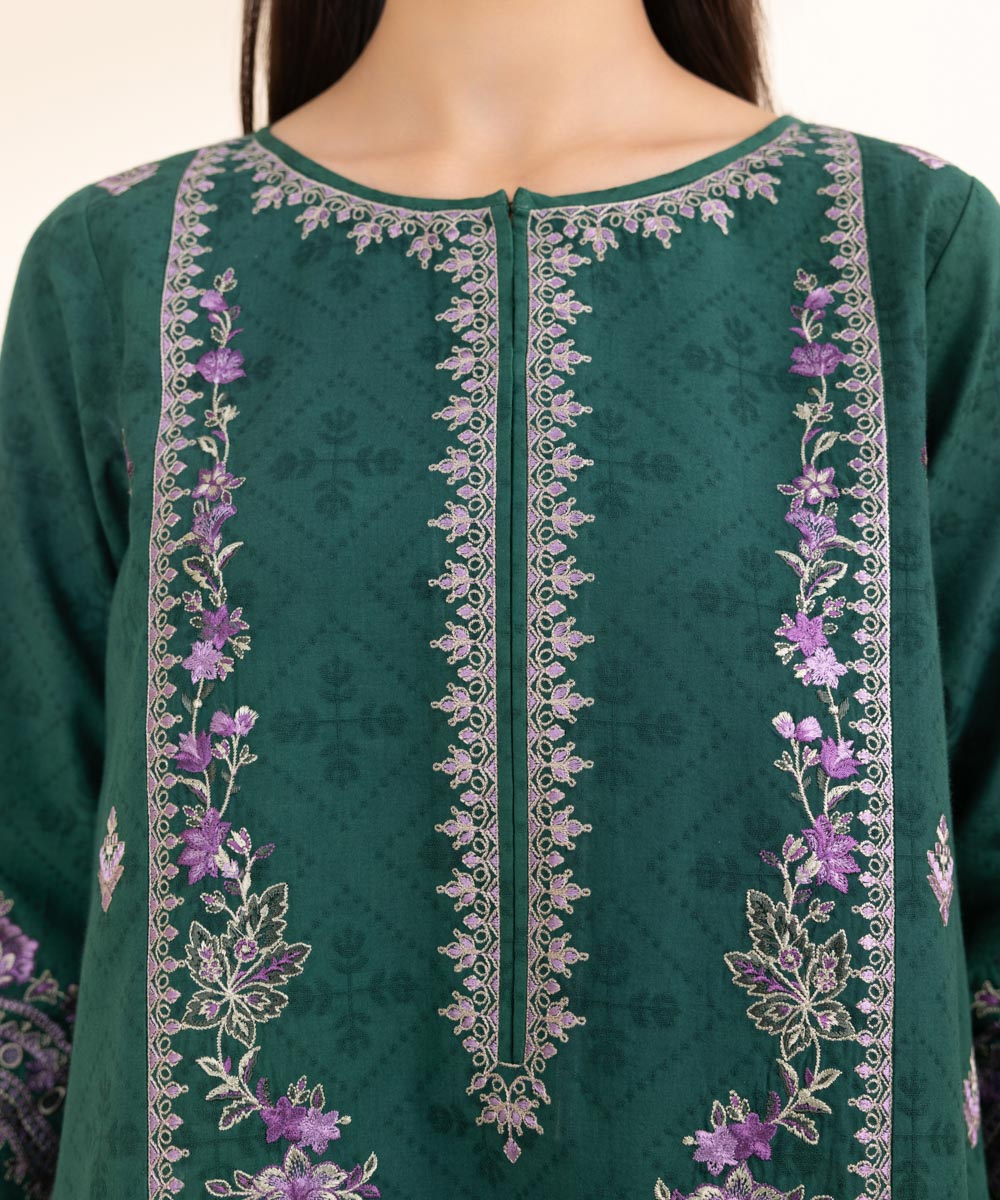 Women's Unstitched Cotton Jacquard Green Embroidered 3 Piece Suit