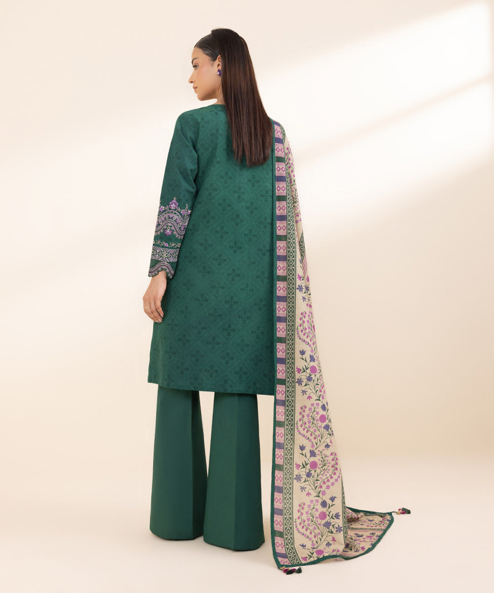 Women's Unstitched Cotton Jacquard Green Embroidered 3 Piece Suit