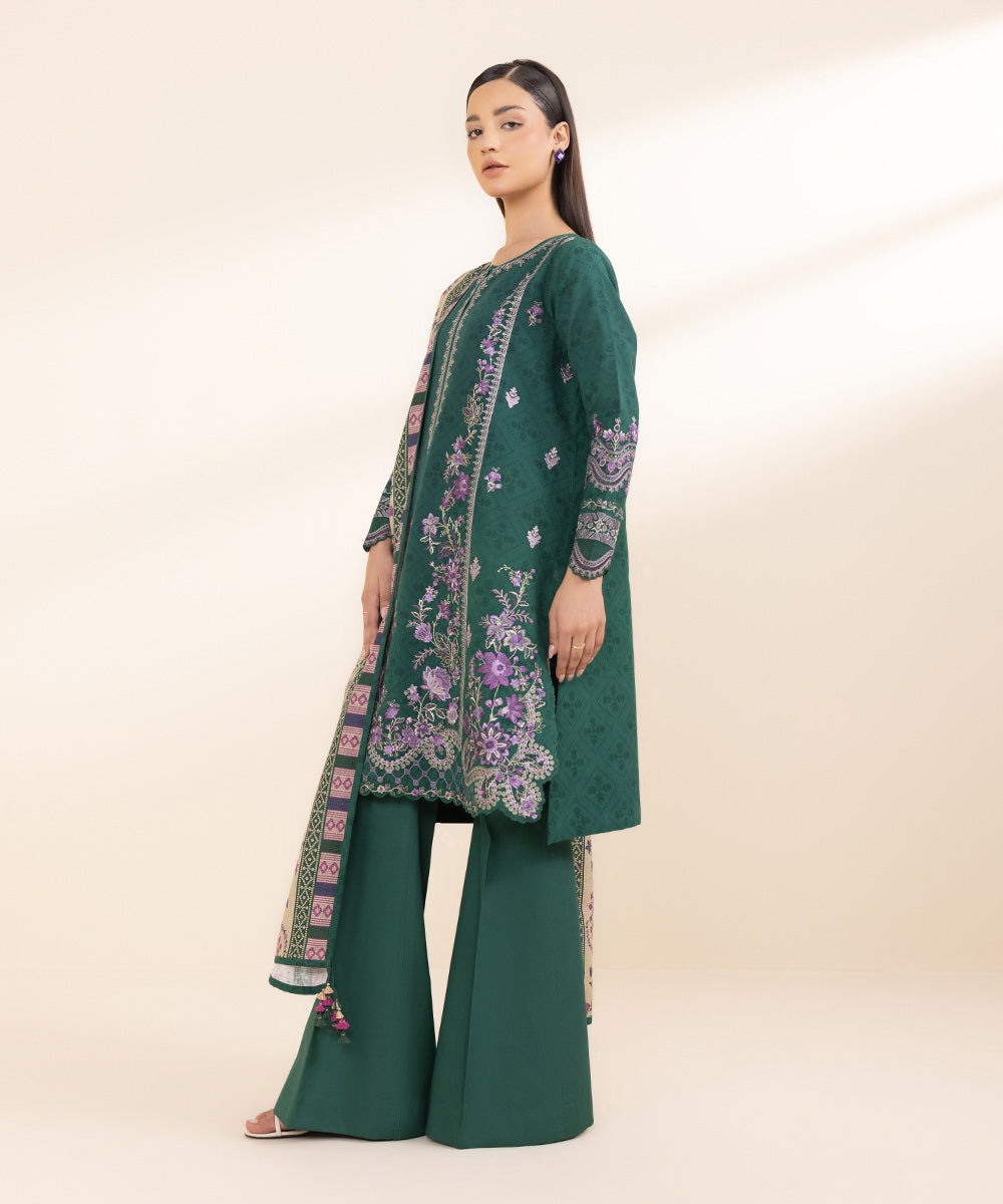 Women's Unstitched Cotton Jacquard Green Embroidered 3 Piece Suit