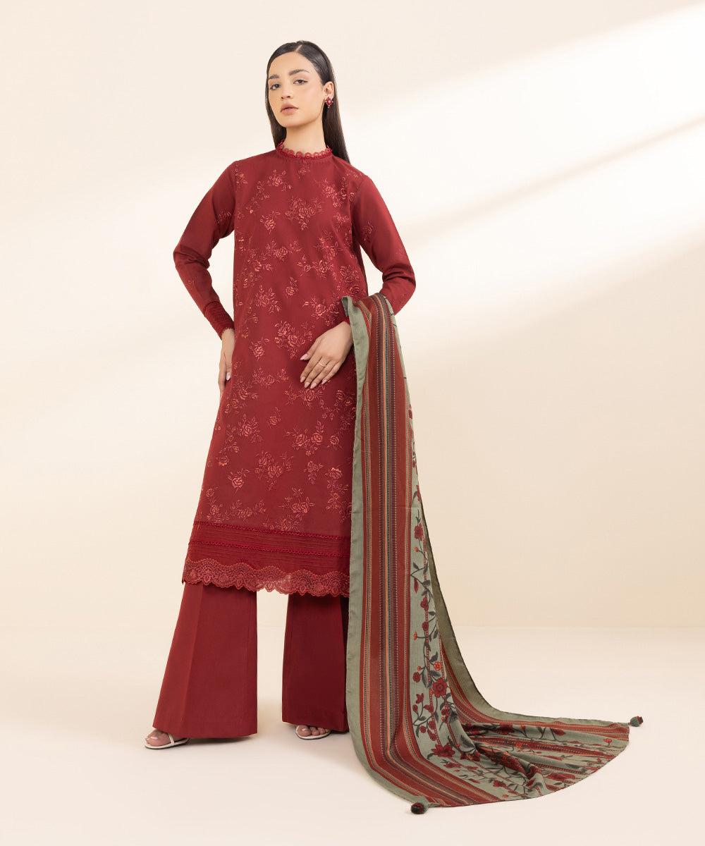 Women's Unstitched Cross Hatch Red Embroidered 3 Piece Suit