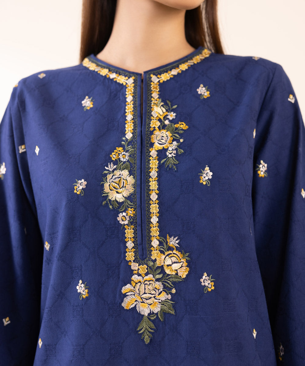 Women's Unstitched Cotton Jacquard Blue Embroidered 3 Piece Suit