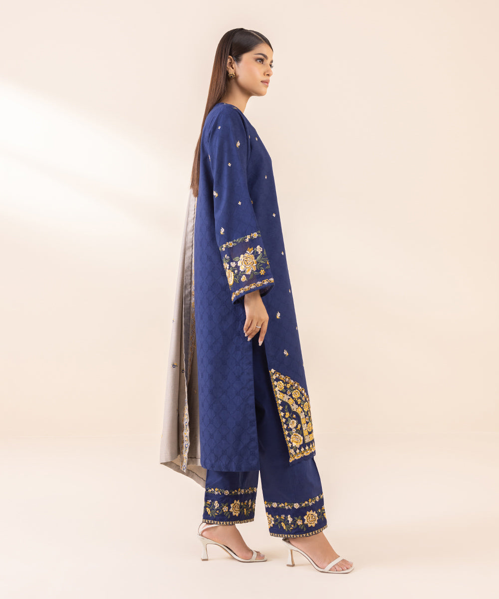 Women's Unstitched Cotton Jacquard Blue Embroidered 3 Piece Suit