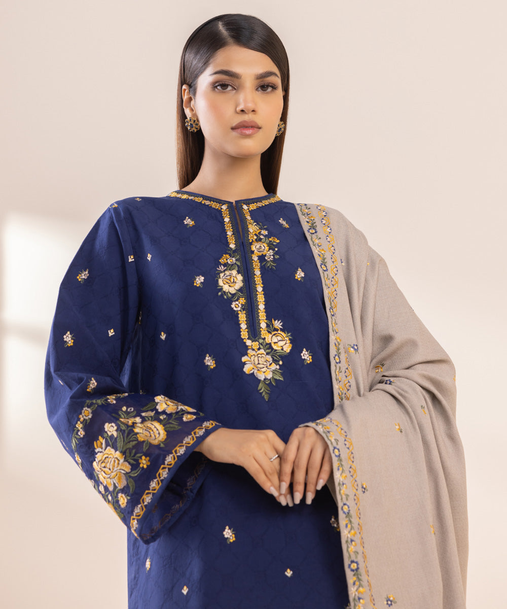 Women's Unstitched Cotton Jacquard Blue Embroidered 3 Piece Suit