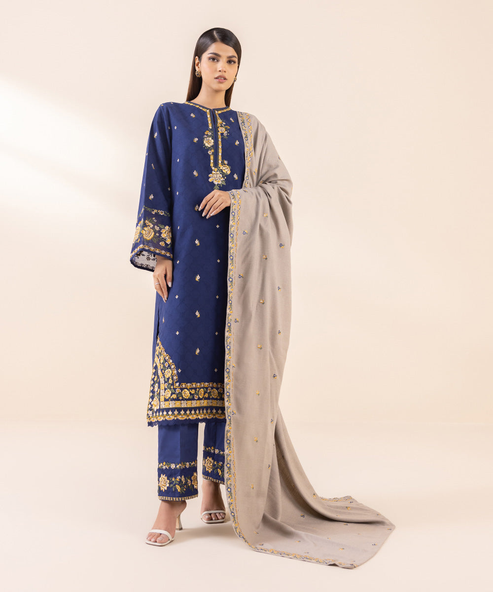 Women's Unstitched Cotton Jacquard Blue Embroidered 3 Piece Suit